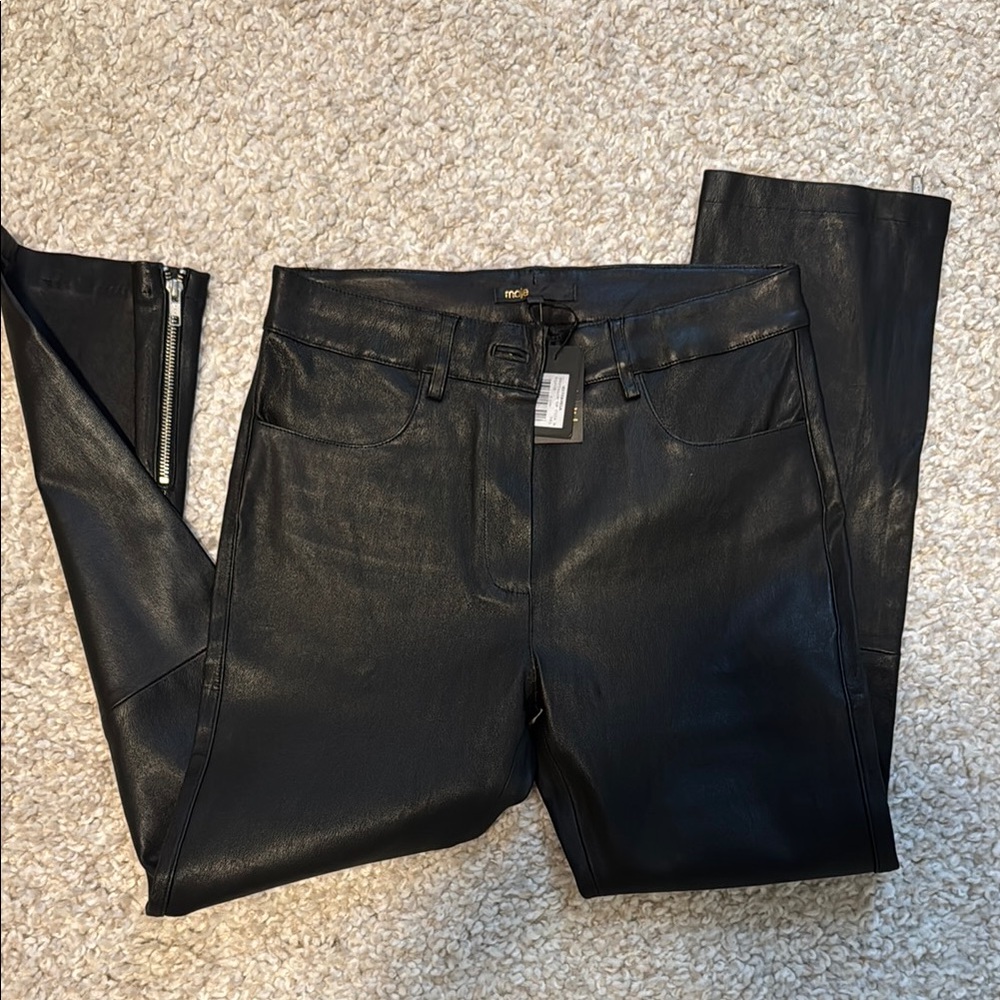 Maje Pavela Women Black Lambs Leather Zipper Ankle Pants NWT